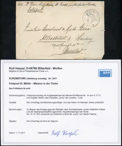 Dt. Militärmission Türkei 1915 Brief Dampfer Leros via MSP 14 Hamburg BPP / 167