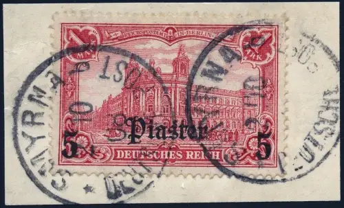 DP Türkei 1907 Michel 44 Briefstück Luxus ° Smyrna Geprüft Hollmann BPP / 60