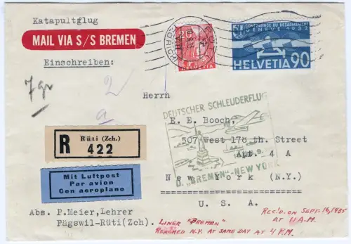 Katapult 1935 Schweiz Dampfer Bremen Olten Newark USA Catapult H 213 / 2287