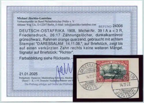 DOA 1908 Briefstück ° Daressalam 14/11/08 Michel 39 I Aa Befund BPP / 298