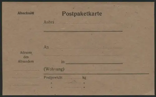 154/DOA 1916 Not-Postpaketkarte auf Packpapier Ungebraucht *