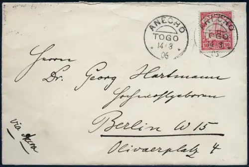 Togo 1906 Brief aus Lome vom 14.3.06 via Accra Goldküsten Berlin Ankunftsstpl/72