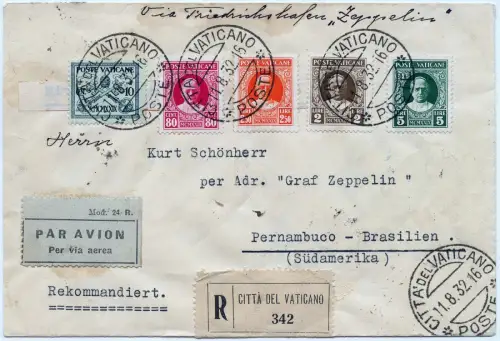 Vatikan 1932 Zeppelin K. Schönherr Franz. Flugpost Marseille Attest Sieger/1239