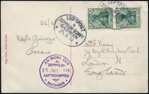 Zeppelin 1914 Dt. Reich LZ 17 Sachsen Foto-AK Beide Stempel England Si 8 a/ 2197