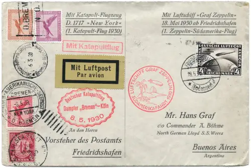 Katapult + Zeppelin 1930 Dt. Reich + USA Kombi-Beleg Seepost + 1. SAF / 2086