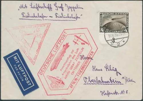 Zeppelin Dt. Reich 1933 Chicagofahrt Anschlussflug Berlin 4 RM Rand Si 238E/1725
