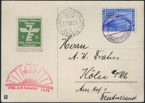 Zeppelin 1931 Dt. Reich Polarfahrt Bordpost 27.7. Vignette Köln Si 119 C / 2207