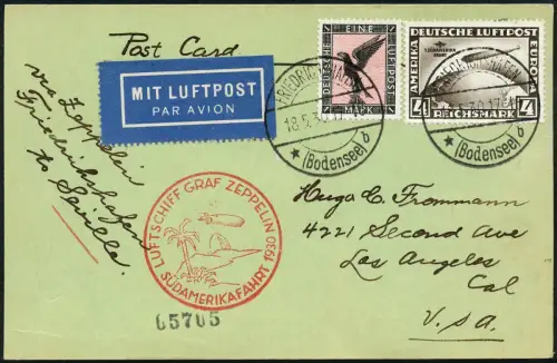 Zeppelin Dt. Reich 1930 SAF Karte Friedrichshafen Sevilla USA 5 RM Si 57 I /1498