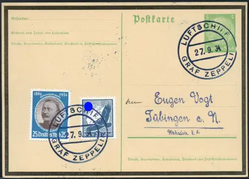Zeppelin 1934 Dt. Reich Schweiz Kurzfahrt Bordpost 27.9. Tübingen Si 0276 / 2609