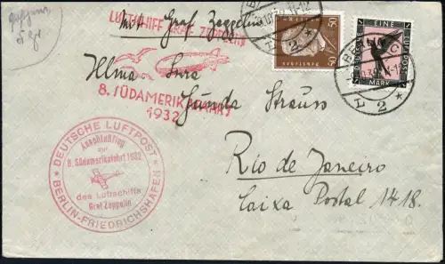 Zeppelin Dt. Reich 1932 8. SAF Zuleitung Berlin Rio de Janeiro Si 189 B / 1388