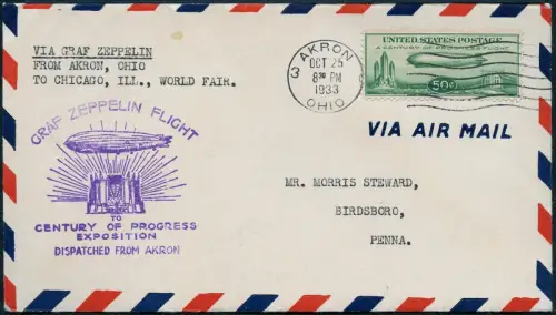 Zeppelin USA 1933 Chicagofahrt Brief Akron Chicago Birdsboro Si 243 A / 1743