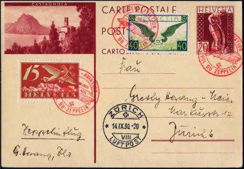 Zeppelin 1930 Schweiz Landungsfahrt Genf Ganzsache ZuF  Zürich Si 95 / 2116