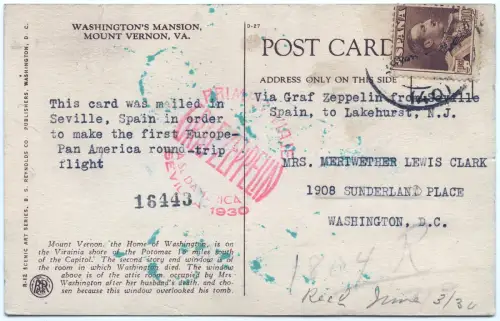Zeppelin 1930 Spanien Südamerikafahrt AK Sevilla Lakehurst Si 58 B / 2595