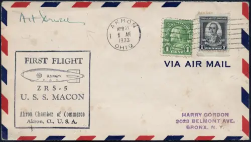 Zeppelin 1933 ZRS-5 USS Macon First Flight Akron Bronx Brief Signatur / 2277