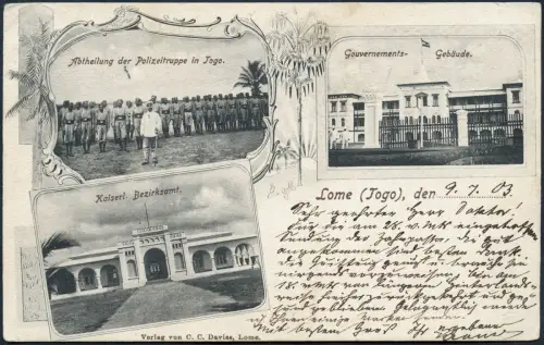 Togo 1903 AK Polizeitruppe Regierungsgebäude Lome 9.7.03 Breslau Aku-Stpl. / 126