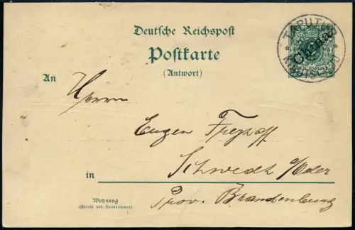 Kiautschou 1901 Vorläufer-Karte VP 3 Antwortteil Taputur 27.2.01 Schwedt RAR/ 80