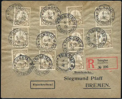 Kiautschou 1906 Reko-Brief Tsingtau 6.9.06 1 Cent 11x Bremen Aku-Stempel / 389