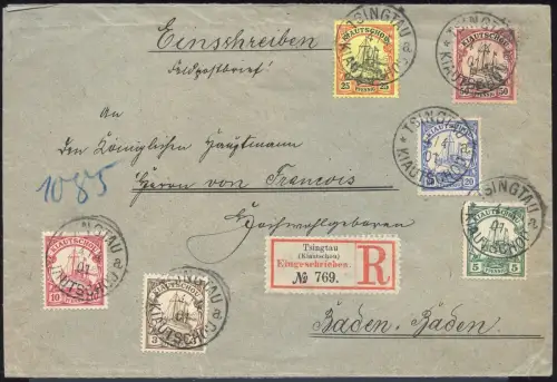 Kiautschou 1901 Reko-Brief MiF Tsingtau 4.4.1901 Baden-Baden Aku-Stempel / 324