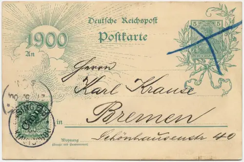 Kiautschou 1900 Jahrhundertkarte P 43 Tsingtau 16.4.00 V 2 II nach Bremen / 210