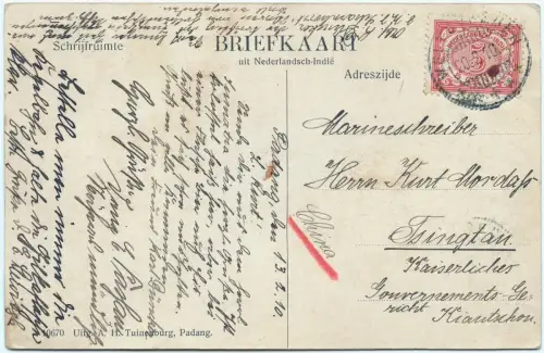 Kiautschou 1910 Tsingtau Incoming Mail AK Niederländisch-Indien Padang / 438