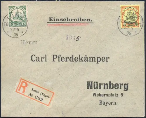 Togo 1906 Reko-Vordruckbrief MiF Kaiseryacht Lome 22.5.06 Nürnberg Aku-Stpl./172