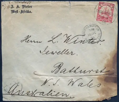 Togo 1906 Brief Fa. Vietor Lome Southampton Sydney Bathurst Neusüdwales / 173