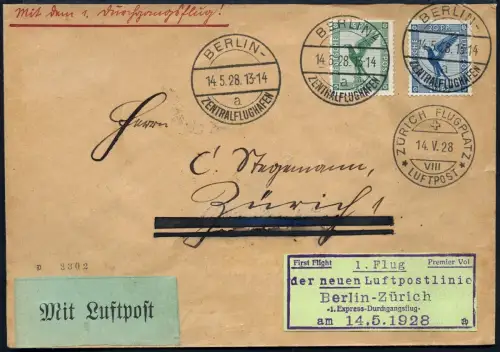 Dt. Reich 1928 Erstflug Berlin Zürich Expresslinie Brief Ankunftsstempel / 606