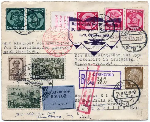 Katapult 1933 Russland Reko-Brief Leningrad Berlin NY Catapult H 147 a / 1424