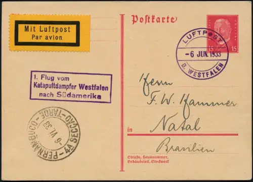 Katapult Dt. Reich 1933 Versuchsflug Dampfer Westfalen Natal Karte Catapult/ 618