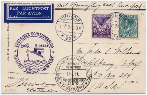 Katapult 1934 Niederlande AK Rotterdam Seepost Albany USA Catapult H 185 b/ 1421