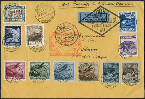 Liechtenstein 1931 DO-X Top-Frankatur Schaan F`hafen Brief Harms 13 b DOX / 2307
