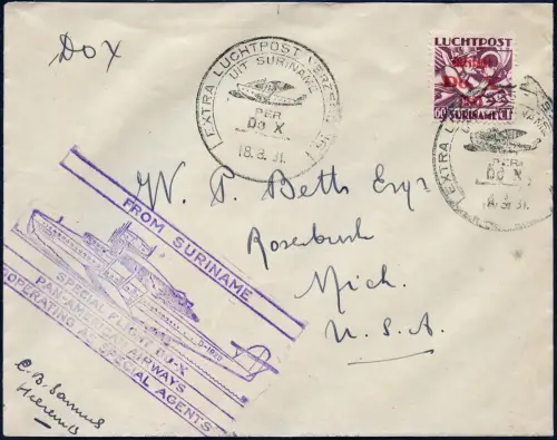 Surinam 1931 DO-X Brief mit Cachet via Miami nach Michigan Harms 50 g DOX / 2309