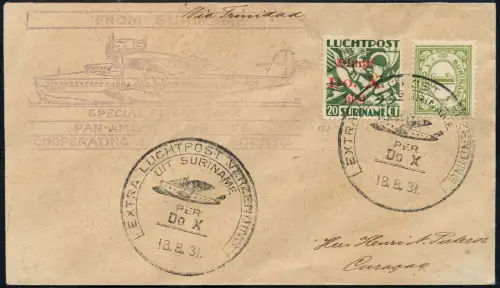 Surinam 1931 DO-X Brief mit Cachet nach Curacao gelaufen Harms 50 f DOX / 2310