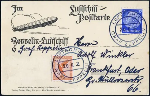 Zeppelin 1933 Dt. Reich Schweiz Kurzfahrt Bordpost 20.6. Karte Si 0216 I / 2614
