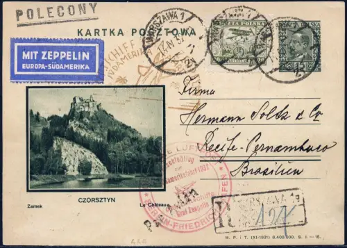 Zeppelin 1932 Polen 3. SAF Reko-Ganzsache ZuF Anschlussflug Recife Si 150 / 2615