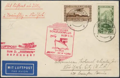 Katapult 1934 Saargebiet Nachbringeflug Köln Brief USA Catapult H 181 c / 2255