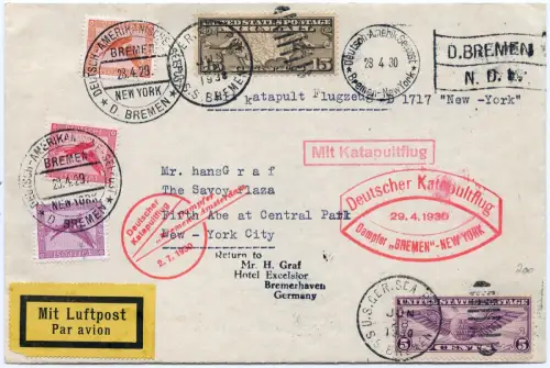 Katapult 1930 Dt. Reich/USA Kombi-Brief Seepost Catapult H 10 b + 17 b / 1425