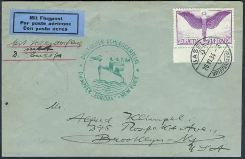 Katapult 1934 Schweiz Dampfer Europa Brooklyn Brief Catapult H 162 / 2297