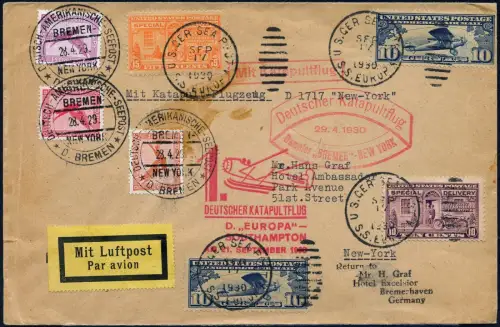 Katapult 1930 Dt. Reich/USA Kombi-Brief Seepost Catapult H 10 b + 32 b / 2087