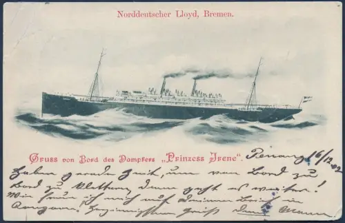 Dt. Seepost 1902 Ost-Asiatische Linie c Prinzess Irene Penang Stettin AK / 2316