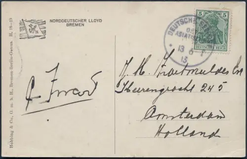 Dt. Seepost 1913 Ost-Asiatische Linie f Dampfer Yorck Genua Niederlande / 2324