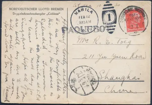 Dt. Seepost 1930 Ost-Asiatische Linie Manila Shanghai China Paquebot / 2325