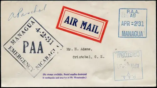 Nicaragua 1931 Erdbeben-Notausgabe PAA Freistempel Cristobal Earthquake / 115