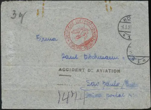 Katapult 1937 Dt. Reich Crash He 111/D-Alix Gambia Brief H 523 a Catapult / 919