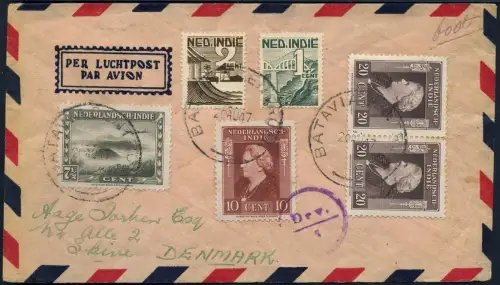 Niederländisch-Indien 1947 Brief Luftpost MiF Vulkan Volcano Skive Dänemark/ 809