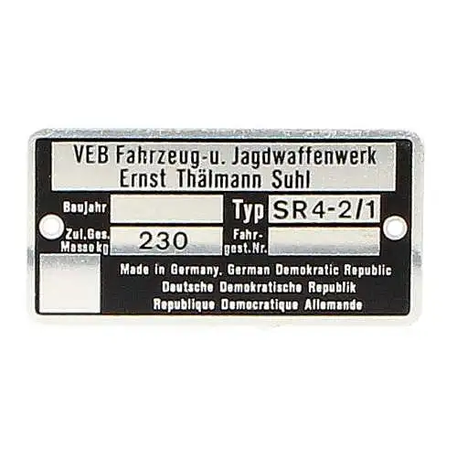 Typenschild Simson Star SR4-2/1  blanko geätzt Original DDR Plakette 