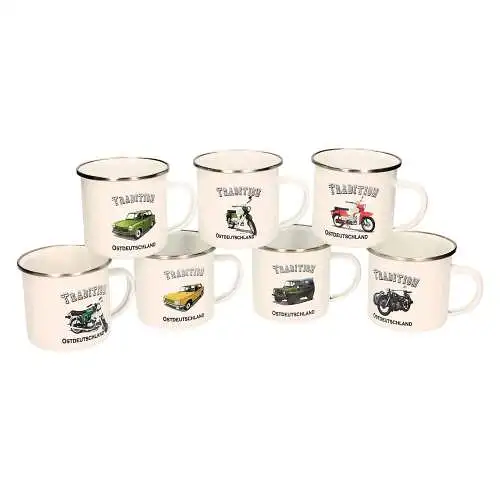 Emaillebecher mit Silberrand "Tradition Ostdeutschland" mit verschiedenen Fahrze