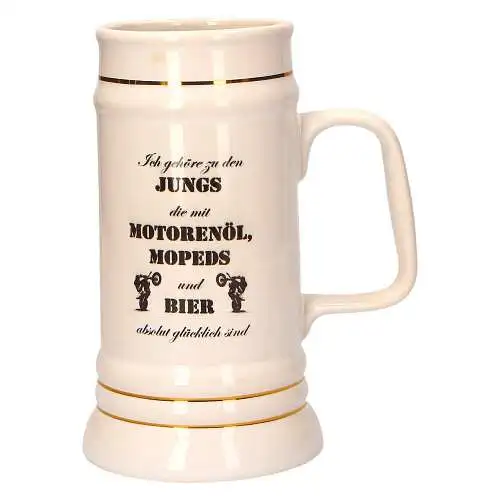 Bierkrug 0,5L Motiv: Ich gehöre zu den Jungs die mit Motorenöl, Mopeds und Bier 