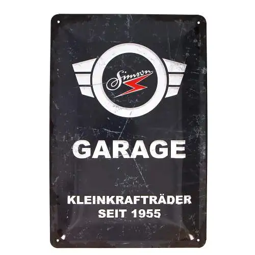 Blechschild Blechprägeschild 20x30cm grau weiß mit Motiv SIMSON-Garage Moped DDR