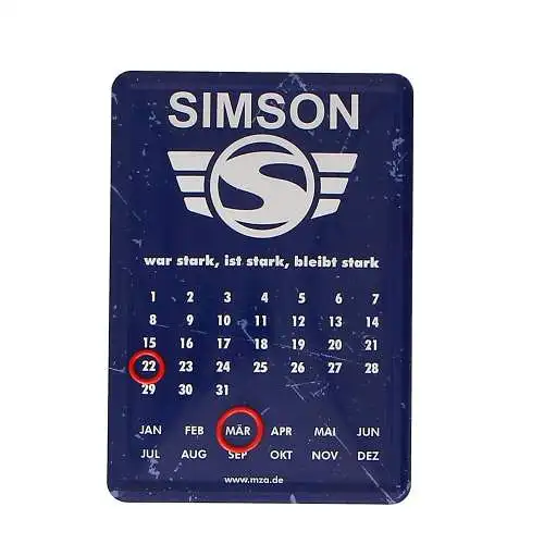 Blechschild 10 x14cm Ewiger Kalender blau/weiß mit SIMSON Dauerkaldender
